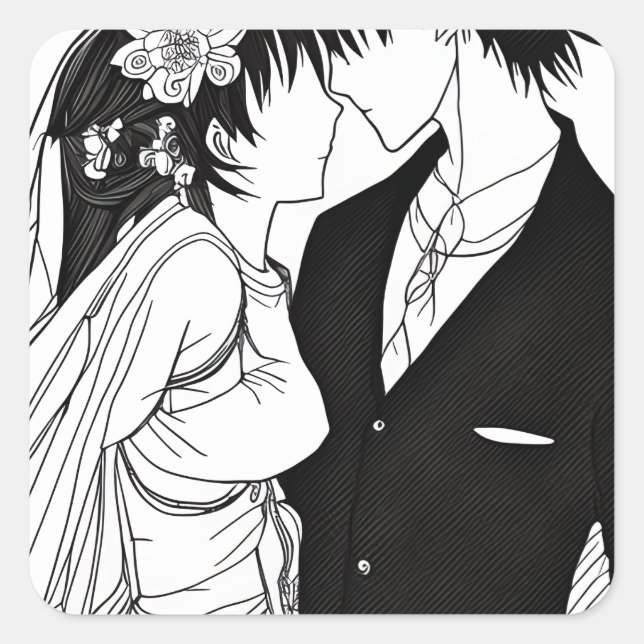 Sticker Carré Mariée et fille d'Anime noir et blanc (Devant)