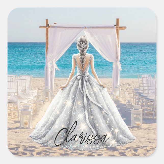 Sticker Carré Mariée Mariage Jour Plage Mariage Fancy Gown (Devant)