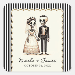 Sticker Carré Mariée squelette de dessin animé + marié Mariage f