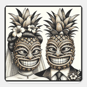 Sticker Carré Mariés Tête Tiki Ananas Aloha Mariage 