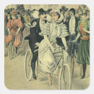 Sticker Carré Mariés victoriens à bicyclette après leur mariage