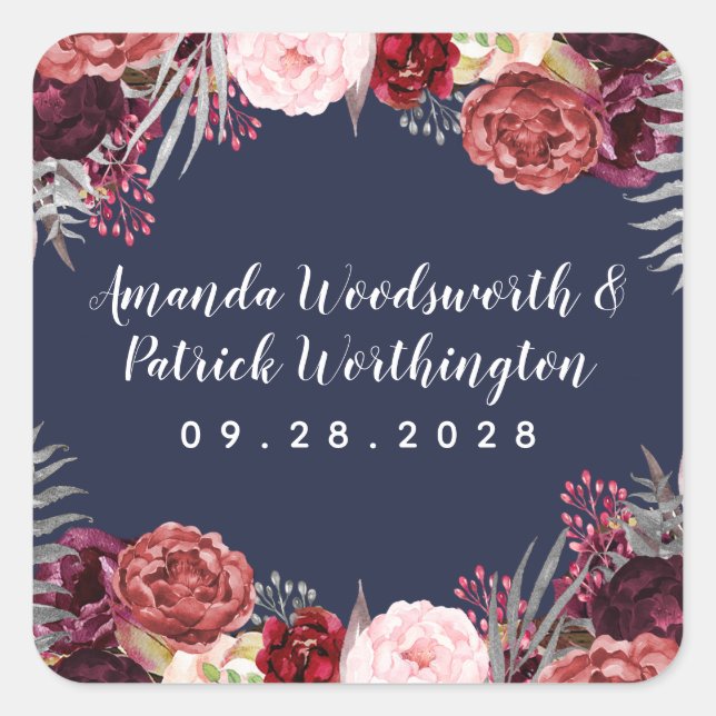 Sticker Carré Marine Automne Marsala Blush rose Peony Mariage Fa (Devant)
