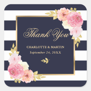 Sticker Carré Marine Blanc or rose Mariage Floral Merci