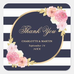 Sticker Carré Marine Bleu Blanc Or rose Mariage Merci