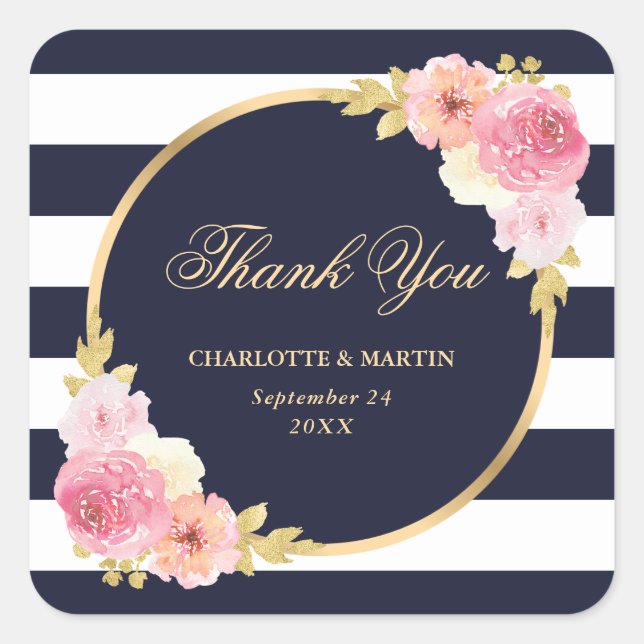 Sticker Carré Marine Bleu Blanc Or rose Mariage Merci (Devant)