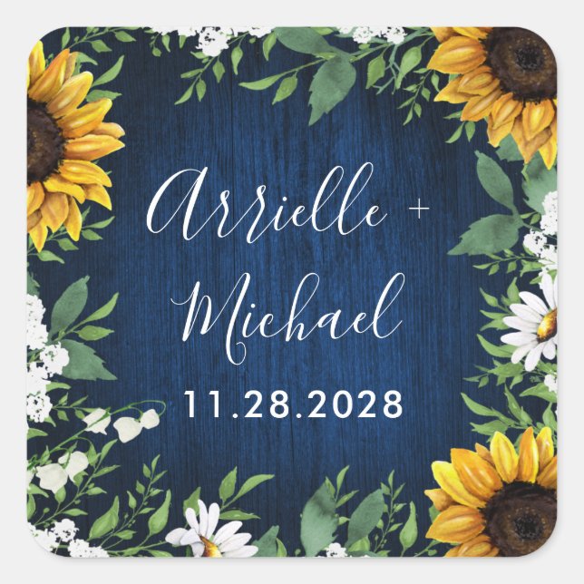 Sticker Carré Marine Bleu Tournesol Rustique Mariage Faveurs Sti (Devant)