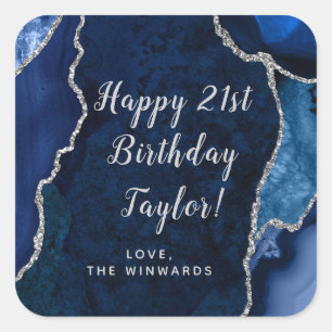 Sticker Carré Marine Blue and Silver Agate Joyeux anniversaire