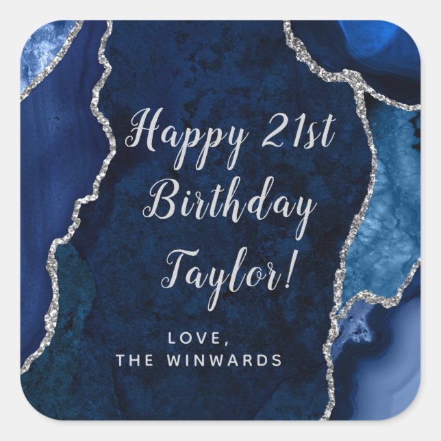 Sticker Carré Marine Blue and Silver Agate Joyeux anniversaire (Devant)