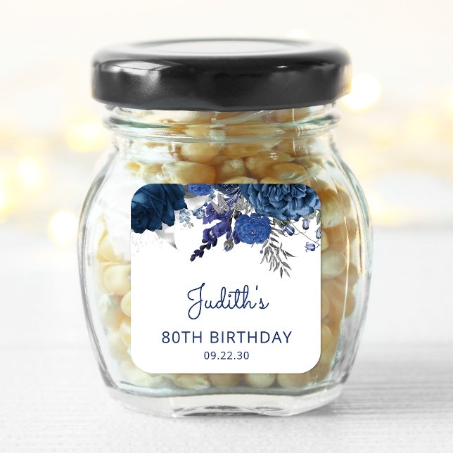 Sticker Carré Marine Blue Silver Floral 80e fête d'anniversaire (Créateur téléchargé)