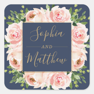 Sticker Carré Marine Blush rose Floral Vert Mariage Faveur