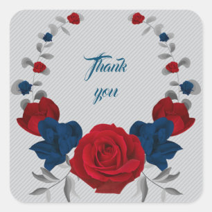 Sticker Carré marine & fleurs rouges gris feuille couronne merci