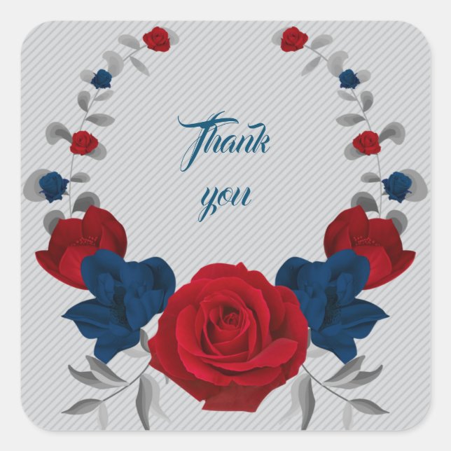 Sticker Carré marine & fleurs rouges gris feuille couronne merci (Devant)