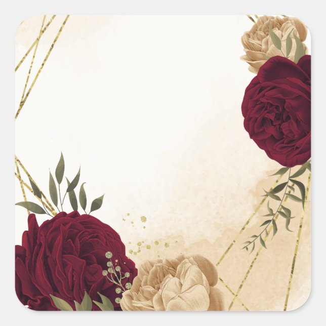 Sticker Carré Maroon vert beige or botanique mariage (Devant)