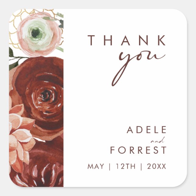 Sticker Carré Marsala Autumn Floral | Mariage Merci blanc (Devant)