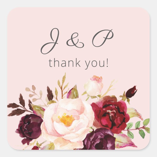 Sticker Carré Marsala de Bourgogne et Monogramme floral clair -  (Devant)