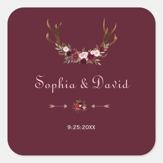 Sticker Carré Marsala de Bourgogne Floral Antlers Mariage (Devant)