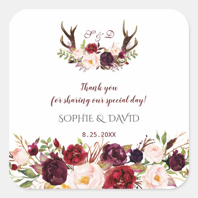 Sticker Carré Marsala de Bourgogne Floral Antlers Monogram Maria (Devant)