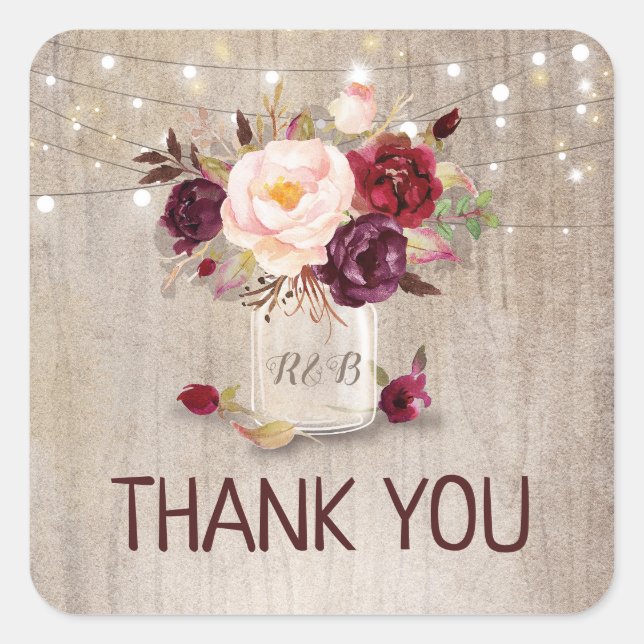 Sticker Carré Marsala Fleurs Mason Jar Merci Mariage rustique (Devant)