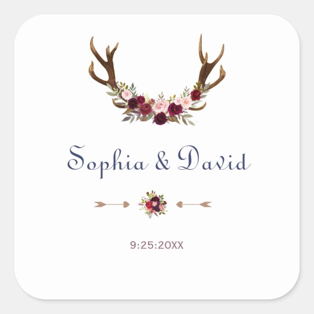 Sticker Carré Marsala Floral Antlers Mariage de automne bleu mar (Devant)