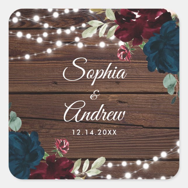 Sticker Carré Marsala & Navy Mariage en bois rustique (Devant)
