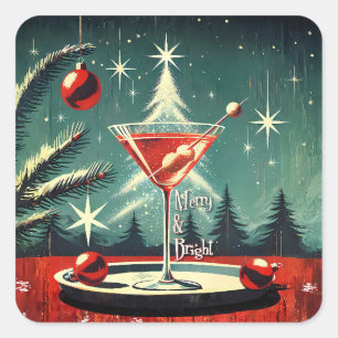 Sticker Carré Martini de Noël Flocons de Neige Rétro 50s