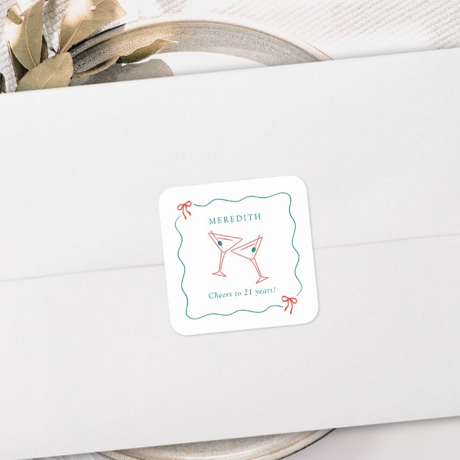 Sticker Carré Martini fête ses 21 ans (Martini Cheers to 21 Years Birthday Party Invitation Square Envelope Seal Stickers)