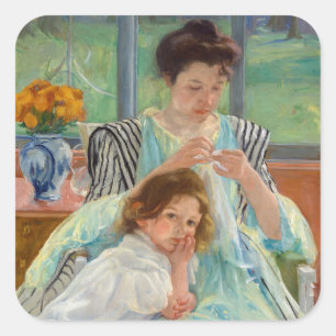 Sticker Carré Mary Cassatt - Jeune mère coudre