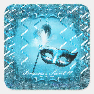 Sticker Carré Mascarade bleue Masque élégant bal