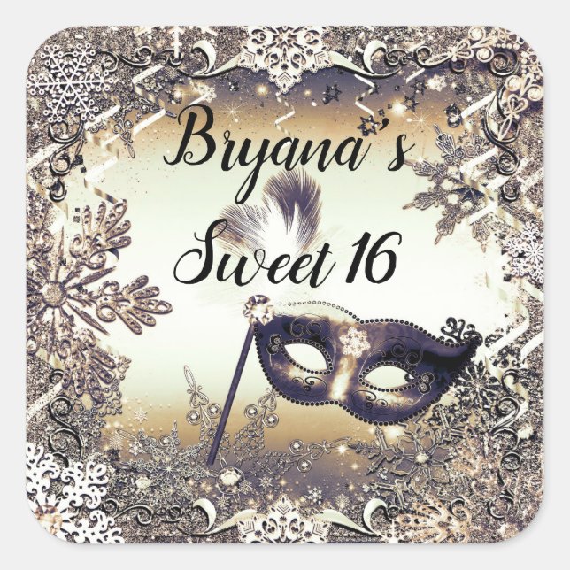 Sticker Carré Mascarade en bronze blanc & Snowflakes hiver (Devant)