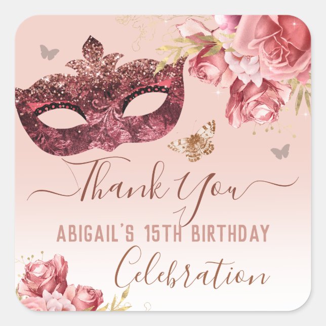 Sticker Carré Mascarade florale rose joyeux 15e anniversaire (Devant)