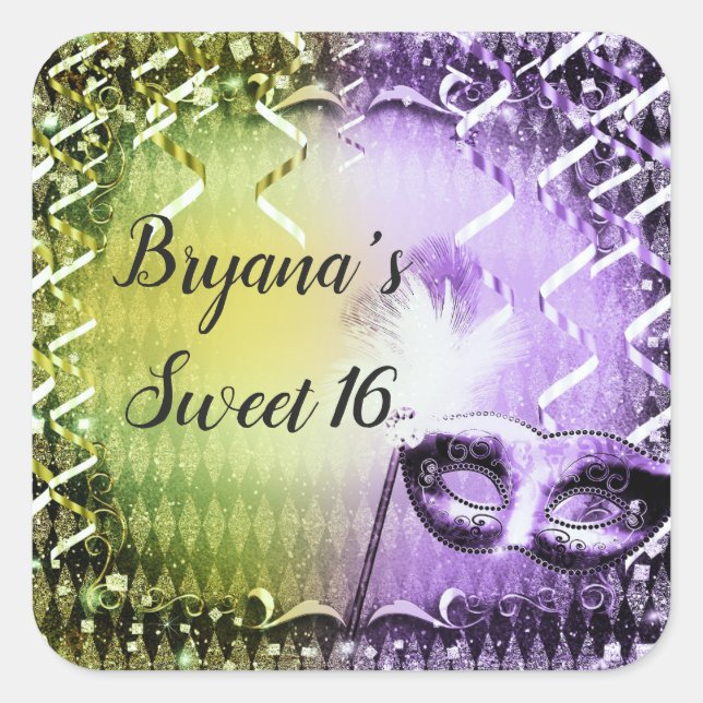 Sticker Carré Mascarade verte et violette Masquerade Mardi Gras  (Devant)