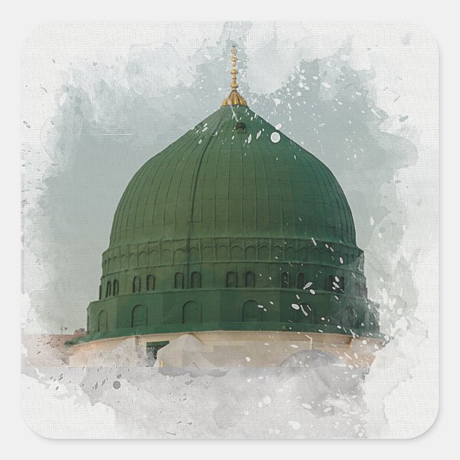 Sticker Carré Masjid An-Nabawi aquarelle illustration P islamiqu (Devant)