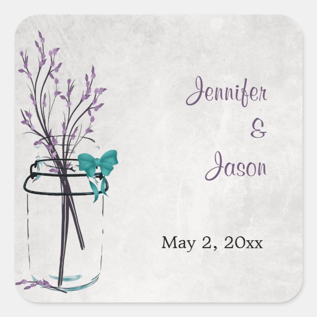 Sticker Carré Mason Jar avec branches violettes - Enregistrer la (Devant)