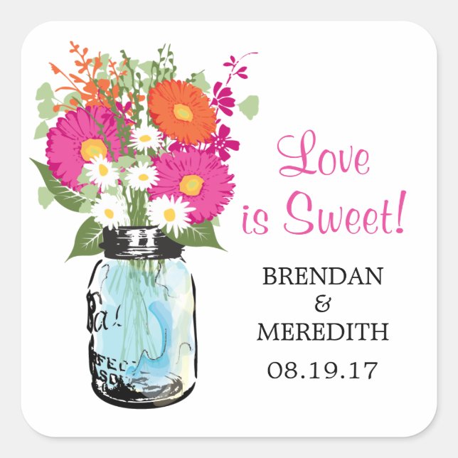 Sticker Carré Mason Jar et Gerber Daisies Mariage (Devant)