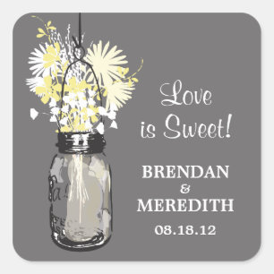 Sticker Carré Mason Jar et Mariage Fleur sauvage