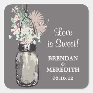 Sticker Carré Mason Jar et Mariage Fleur sauvage