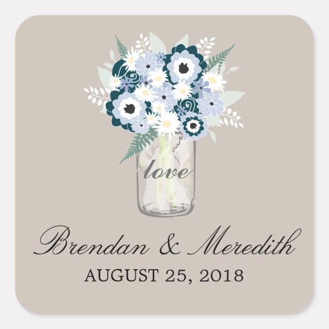 Sticker Carré Mason Jar Floral Mariage (Devant)