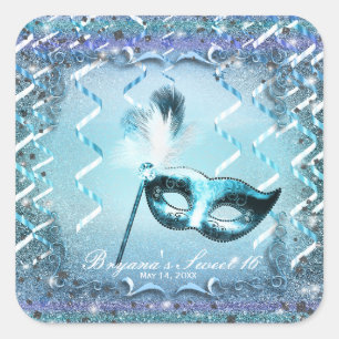 Sticker Carré Masque de bal masqué aqua et violet élégant
