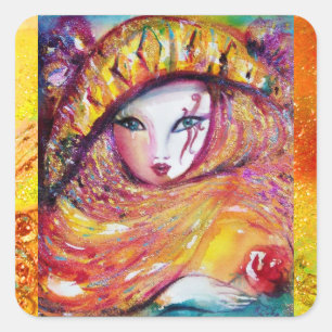 STICKER CARRÉ MASQUE DE CARNIVAL EN JAUNE AVEC ROSE ROUGE
