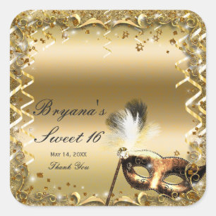 Sticker Carré Masque de mascarade doré pour fête d'anniversaire 