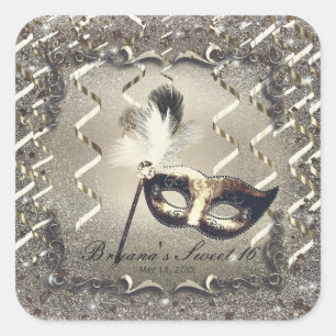 Sticker Carré Masque de Mascarade en Or Blanc Élégant pour Soiré