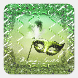Sticker Carré Masque de Mascarade Vert Élégant Bal Fête