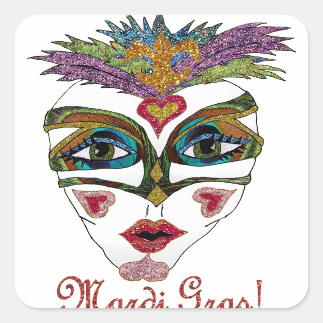 Sticker Carré Masque de plumes de Parties scintillant Mardi Gras (Devant)