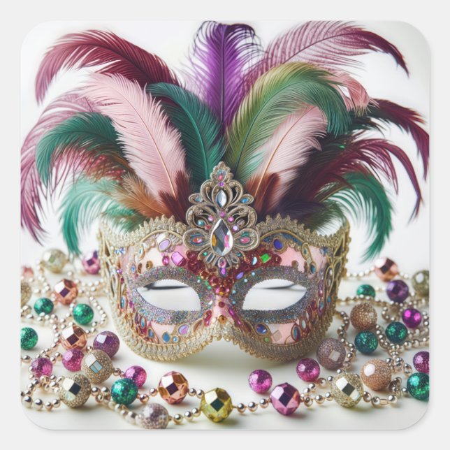 Sticker Carré Masque Mardi Gras Bijoux (Devant)