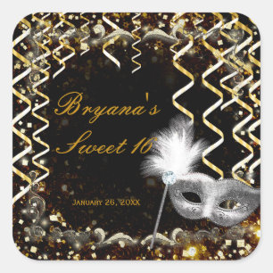 Sticker Carré Masque or et argent Masquerade Masque fête d'anniv