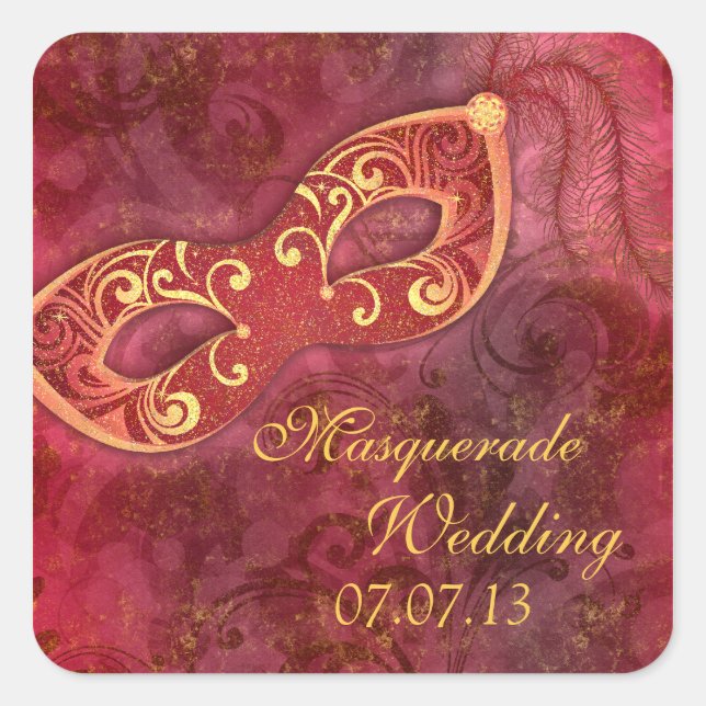 Sticker Carré Masquerade Ball Mardi Gras Mariage Bourgogne (Devant)