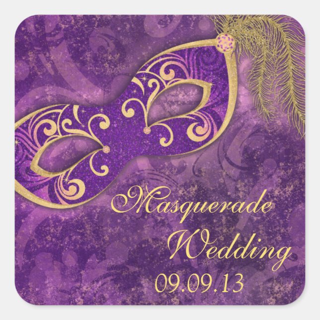 Sticker Carré Masquerade Ball Mardi Gras Mariage Violet (Devant)