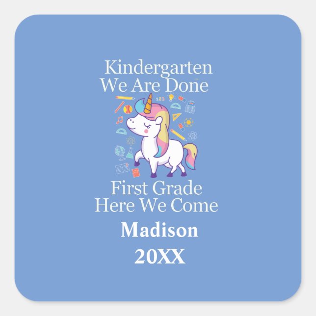 Sticker Carré Maternelle Graduation Première Année Unicorne (Devant)