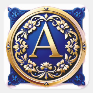 Sticker Carré Médaille de lettre dorée élégante avec couronne fl