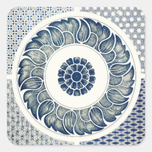 Sticker Carré Médaillon Chinois : Chinoiserie Bleu Indigo